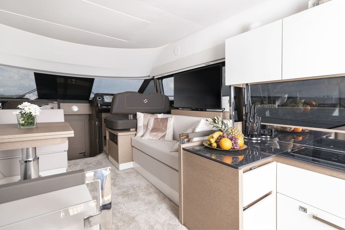 Salon of Adudu 2, a Jeanneau Prestige 460 Fly yacht at Dubrovnik, Croatia