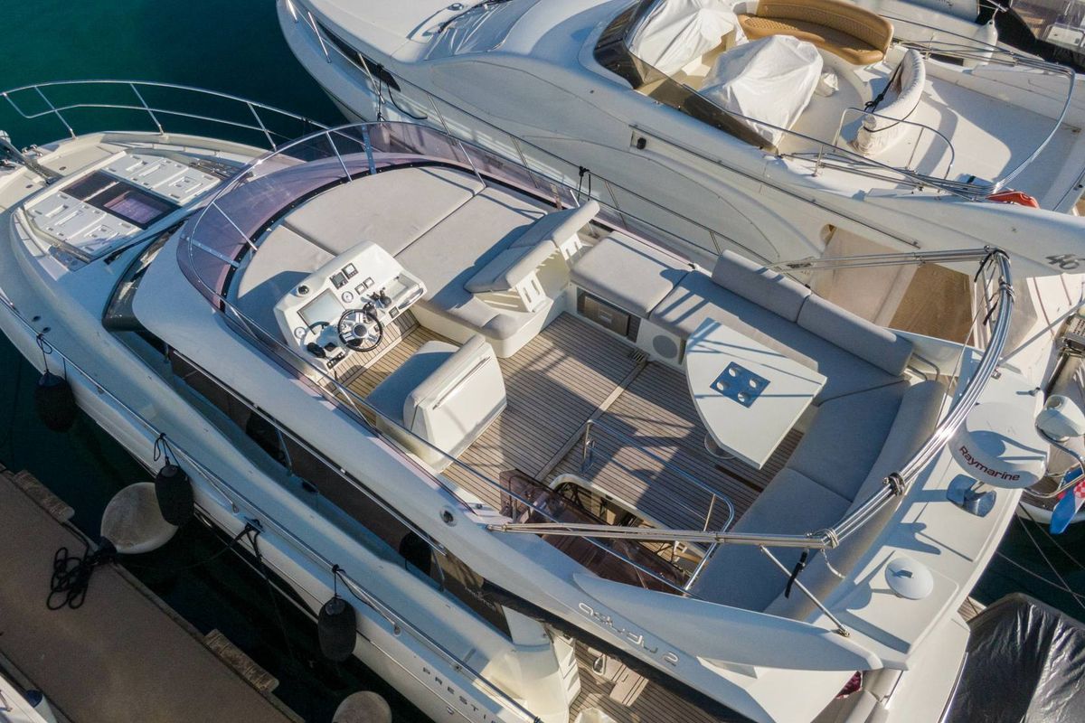 Deck of Adudu 2, a Jeanneau Prestige 460 Fly yacht at Dubrovnik, Croatia