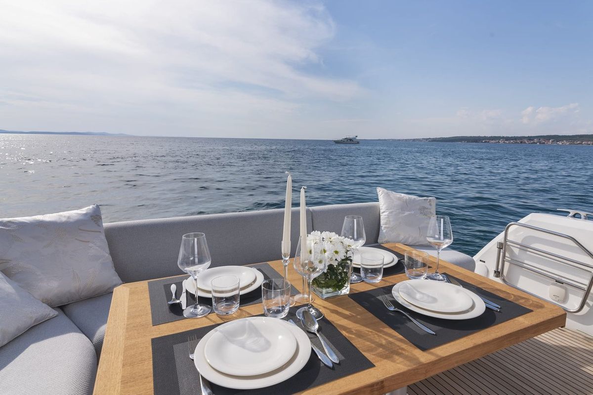 Deck of Adudu 2, a Jeanneau Prestige 460 Fly yacht at Dubrovnik, Croatia