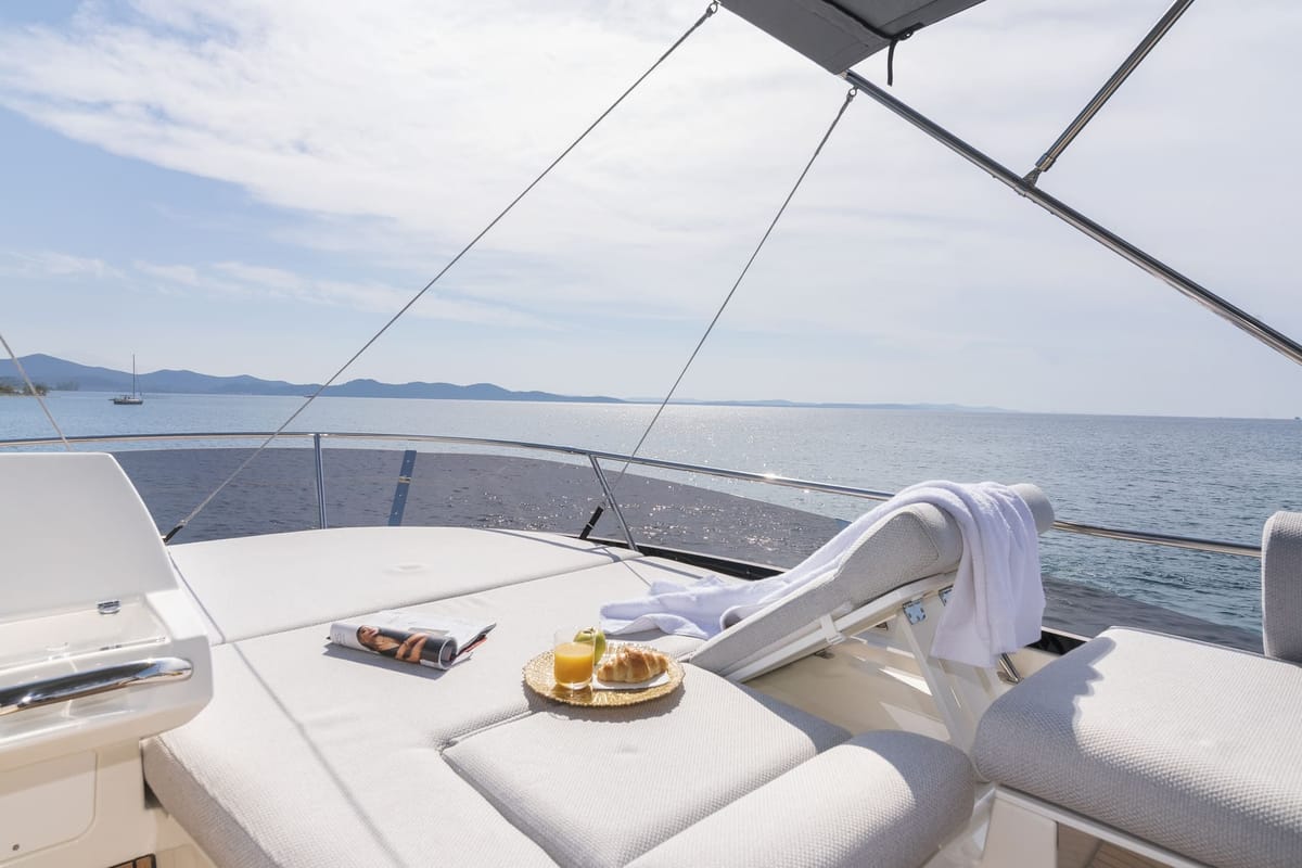 Deck of Adudu 2, a Jeanneau Prestige 460 Fly yacht at Dubrovnik, Croatia