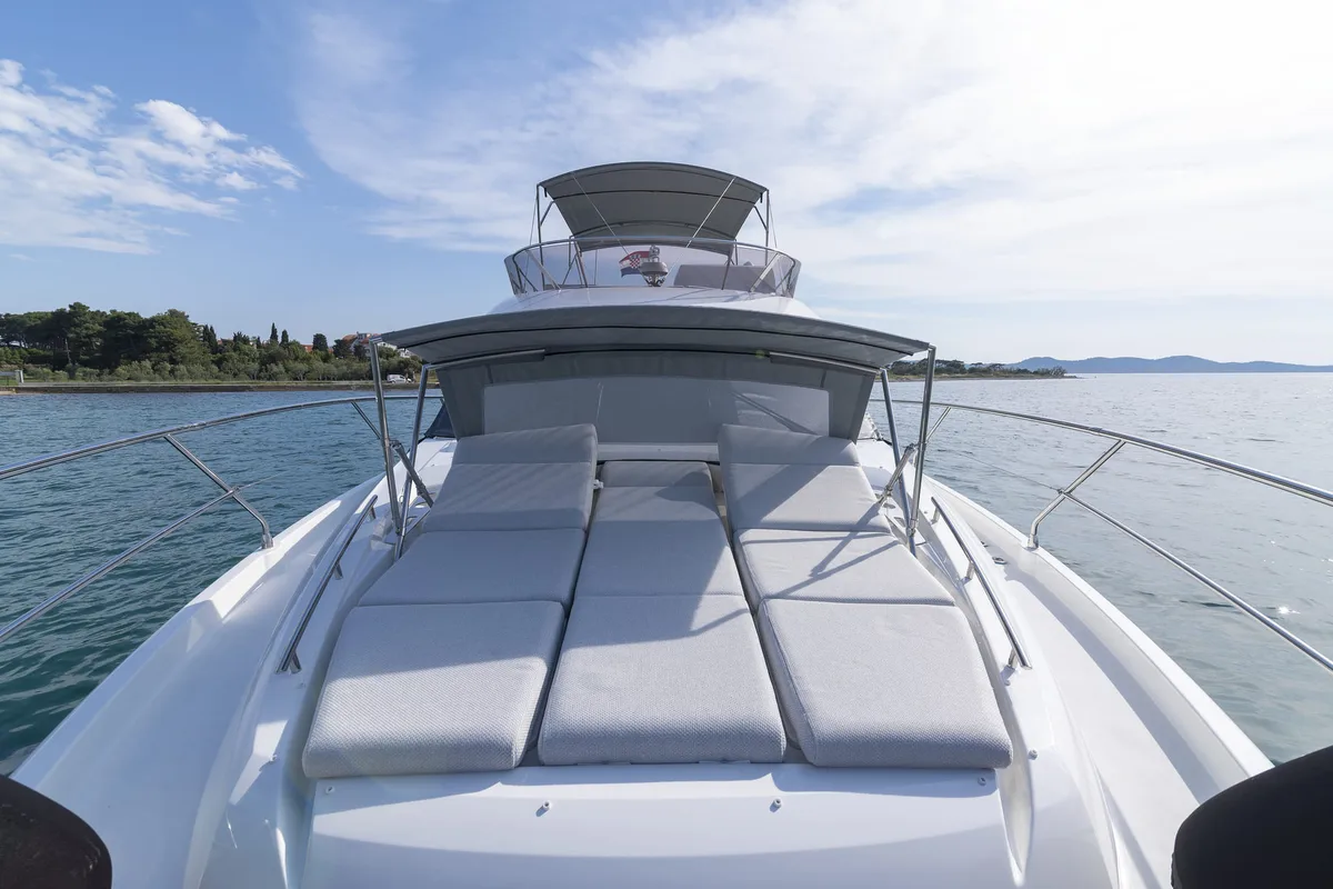 Deck of Adudu 2, a Jeanneau Prestige 460 Fly yacht at Dubrovnik, Croatia