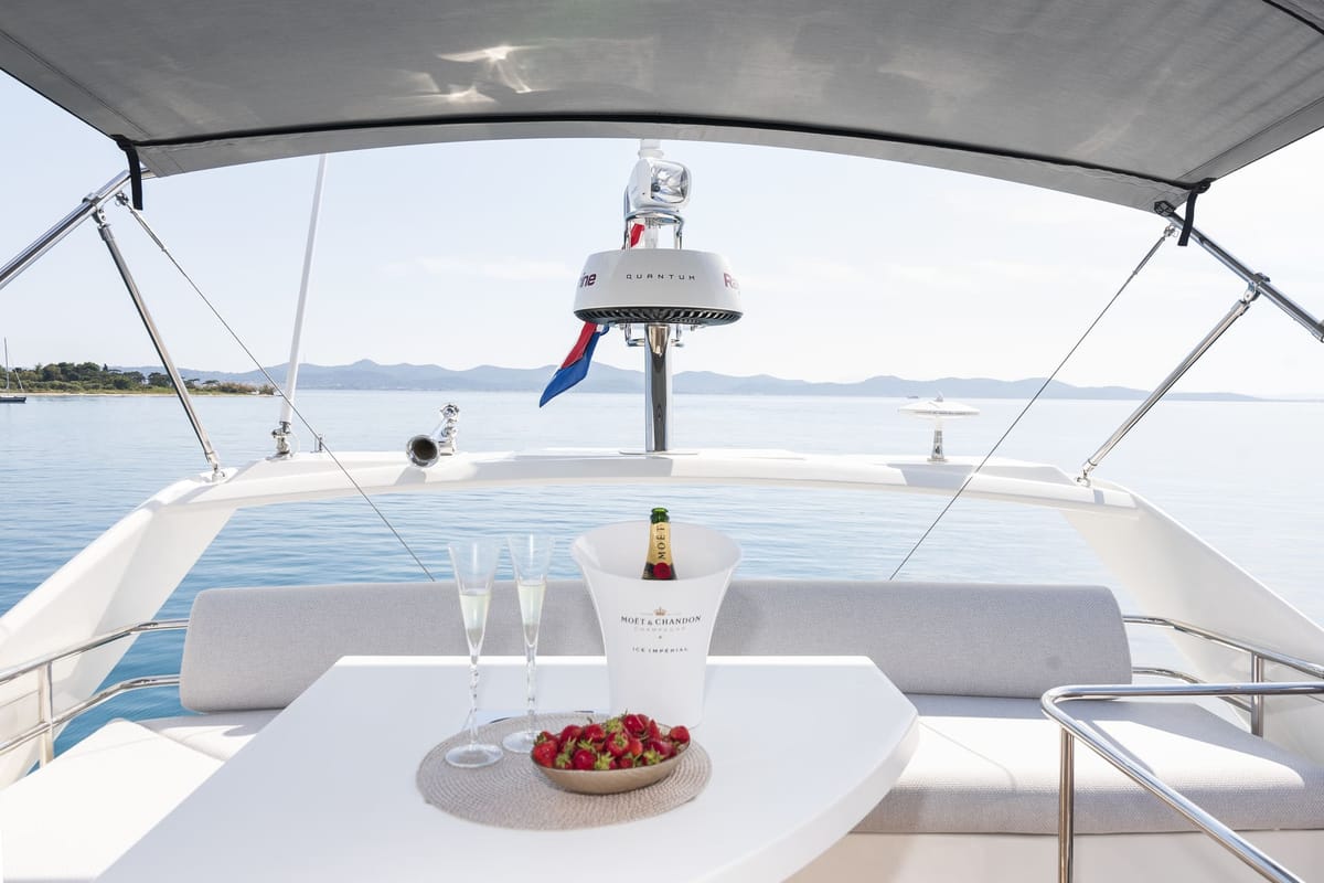 Deck of Adudu 2, a Jeanneau Prestige 460 Fly yacht at Dubrovnik, Croatia