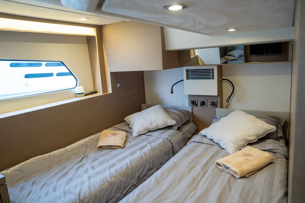 Cabin on Adudu 2, a Jeanneau Prestige 460 Fly yacht at Dubrovnik, Croatia