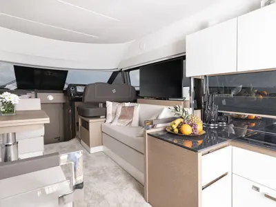 Salon of Adudu 2, a Jeanneau Prestige 460 Fly yacht at Dubrovnik, Croatia