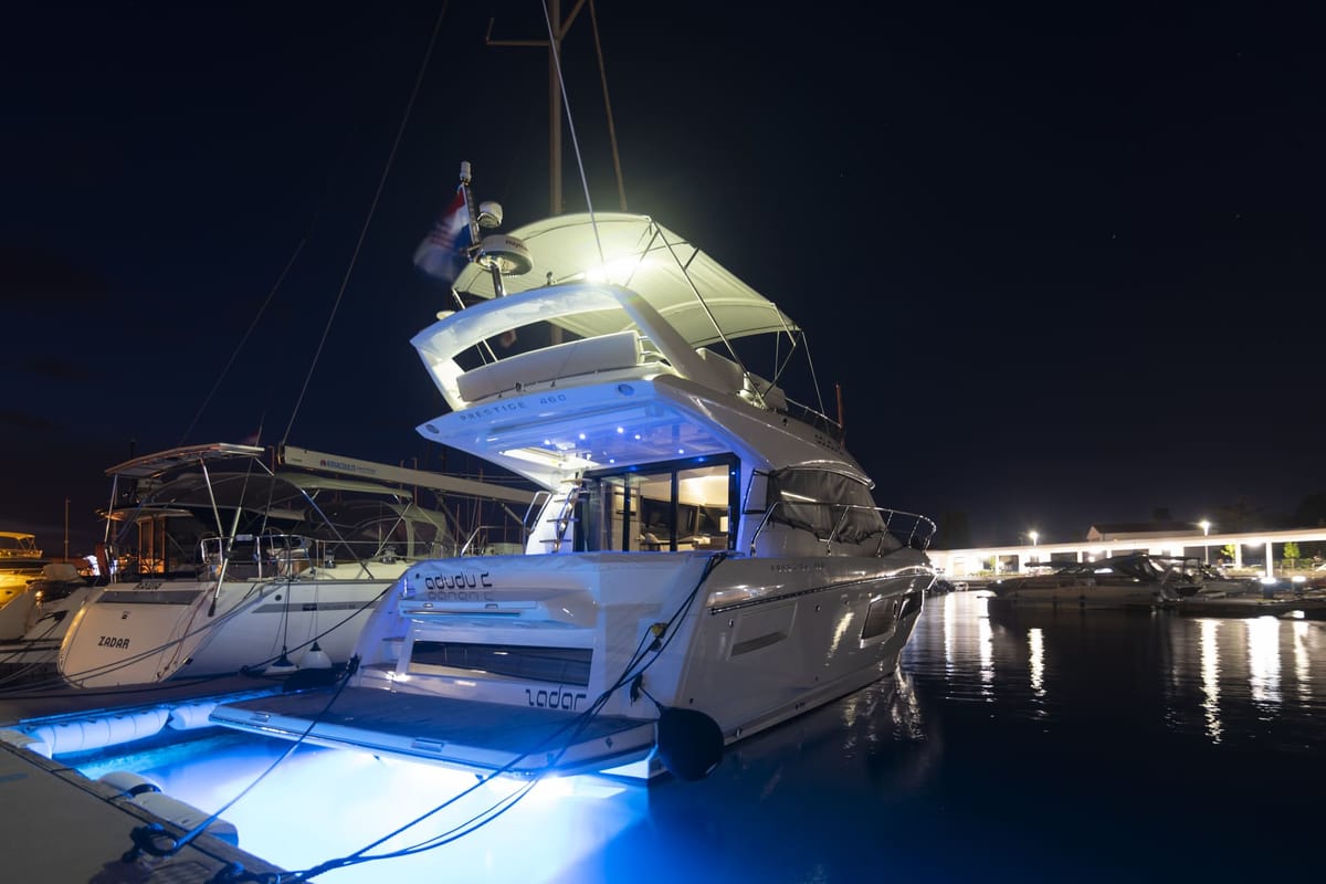 Exterior view of Adudu 2, a Jeanneau Prestige 460 Fly yacht at Dubrovnik, Croatia