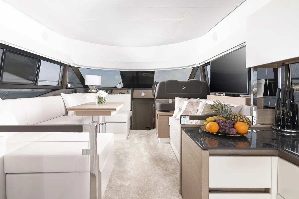Salon of Adudu 2, a Jeanneau Prestige 460 Fly yacht at Dubrovnik, Croatia