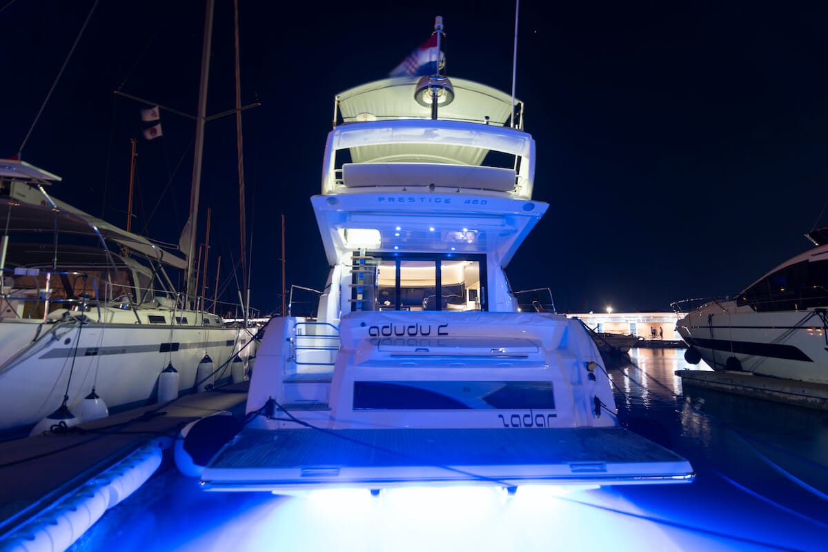 Exterior view of Adudu 2, a Jeanneau Prestige 460 Fly yacht at Dubrovnik, Croatia