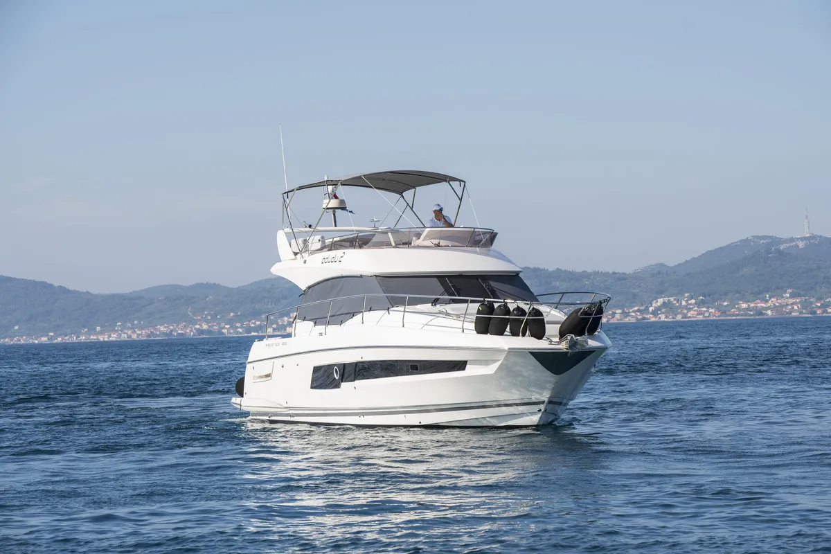 Exterior view of Adudu 2, a Jeanneau Prestige 460 Fly yacht at Dubrovnik, Croatia