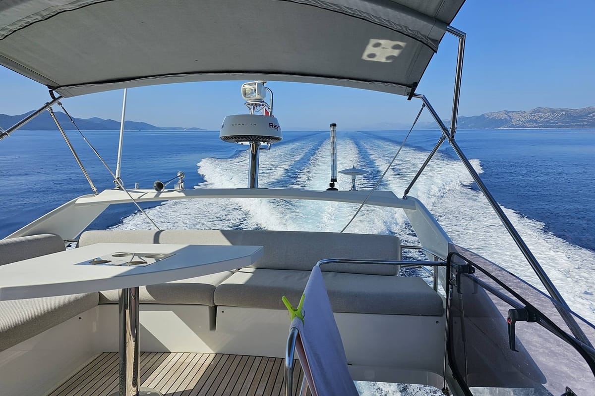 Deck of Adudu 2, a Jeanneau Prestige 460 Fly yacht at Dubrovnik, Croatia