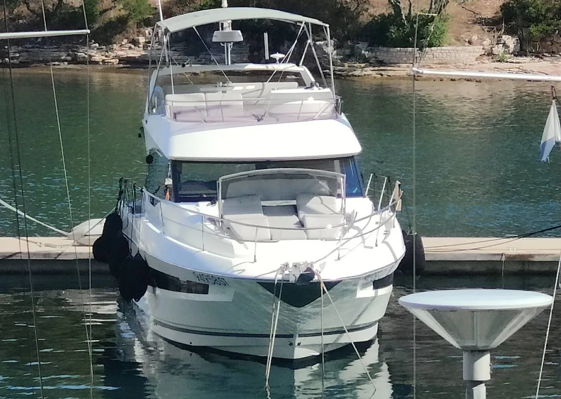 Exterior view of Adudu 2, a Jeanneau Prestige 460 Fly yacht at Dubrovnik, Croatia