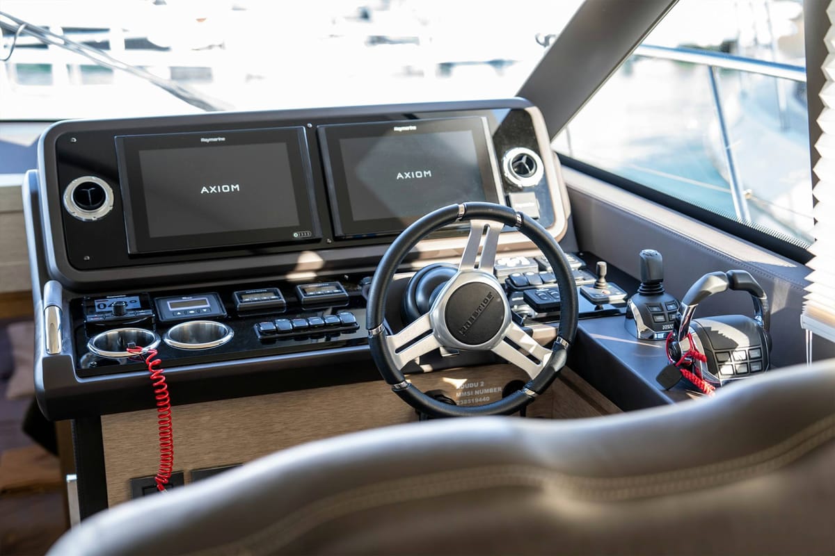Cockpit of Adudu 2, a Jeanneau Prestige 460 Fly yacht at Dubrovnik, Croatia