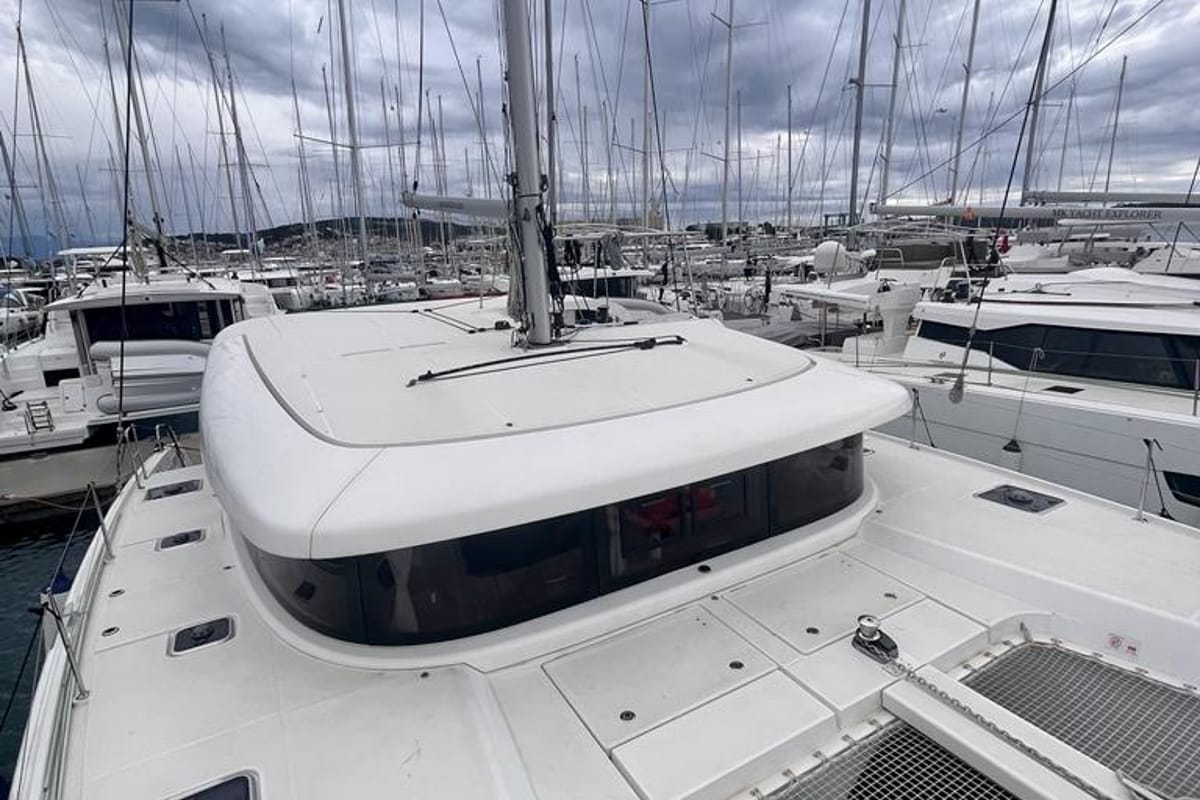 Deck of Vesper, a Lagoon 42 catamaran at Seget Donji, Croatia