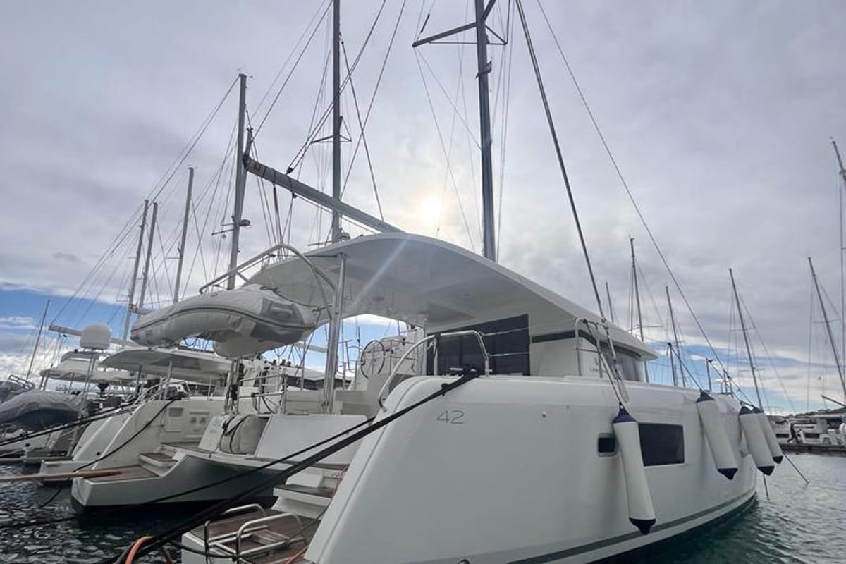 Exterior view of Vesper, a Lagoon 42 catamaran at Seget Donji, Croatia