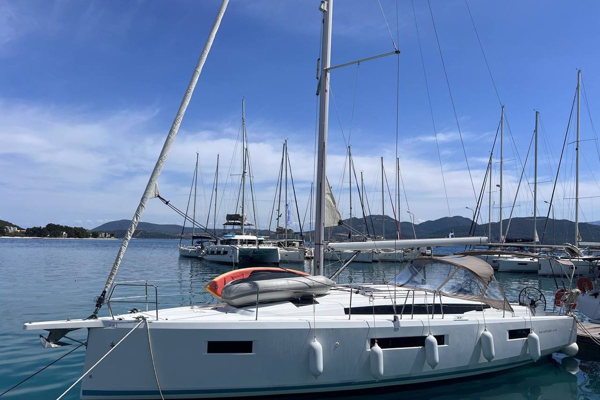 Exterior view of LUCIA, a Jeanneau Sun Odyssey 410 sailboat at Pylos, Greece