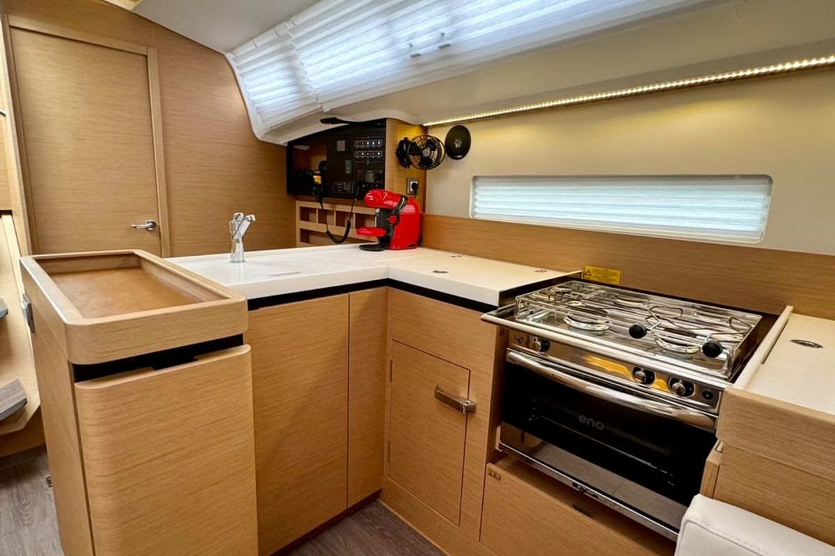 Galley of LUCIA, a Jeanneau Sun Odyssey 410 sailboat at Pylos, Greece