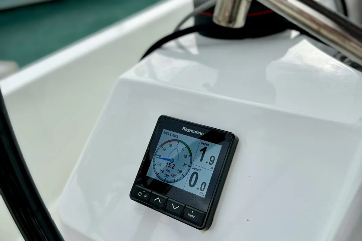Cockpit of LUCIA, a Jeanneau Sun Odyssey 410 sailboat at Pylos, Greece