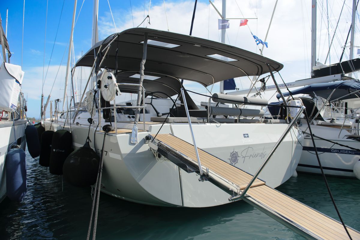 Exterior view of Friends, a Bavaria C57 sailboat at Municipal Unit of Lefkada, Greece