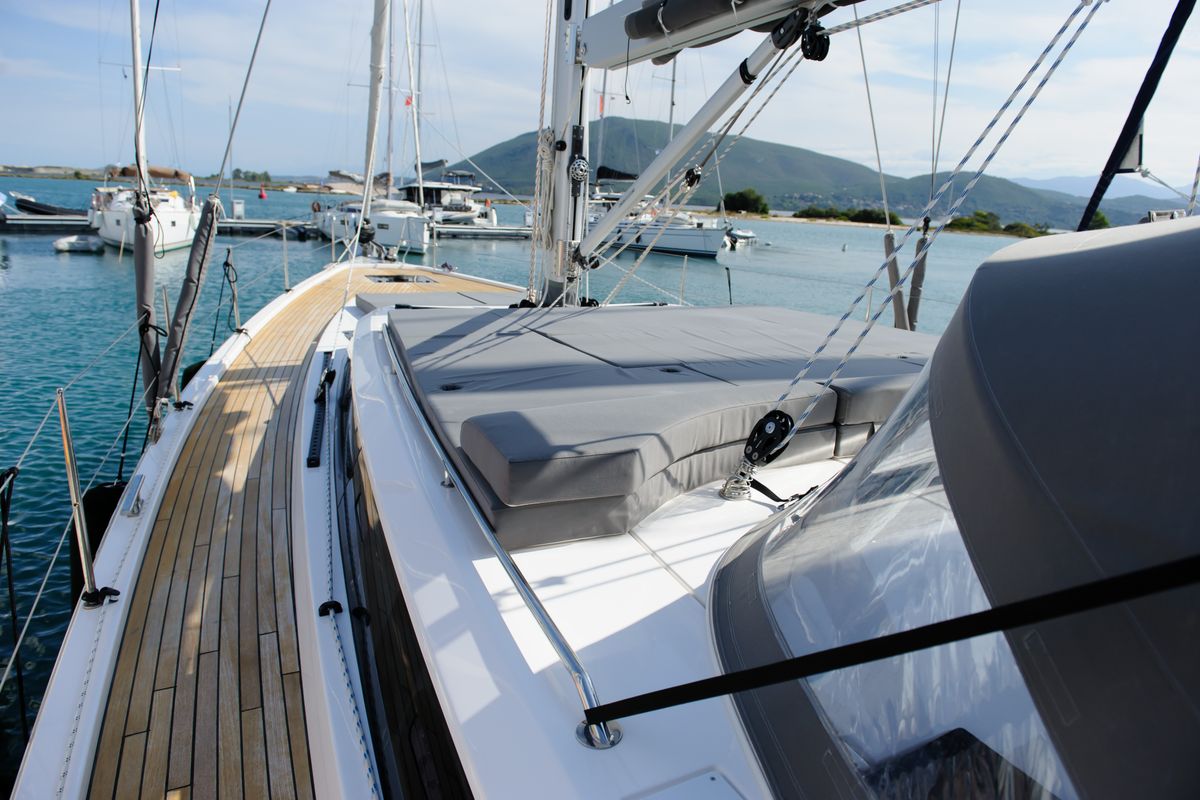 Deck of Friends, a Bavaria C57 sailboat at Municipal Unit of Lefkada, Greece