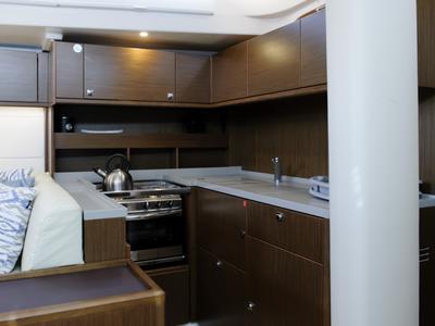 Galley of Friends, a Bavaria C57 sailboat at Municipal Unit of Lefkada, Greece