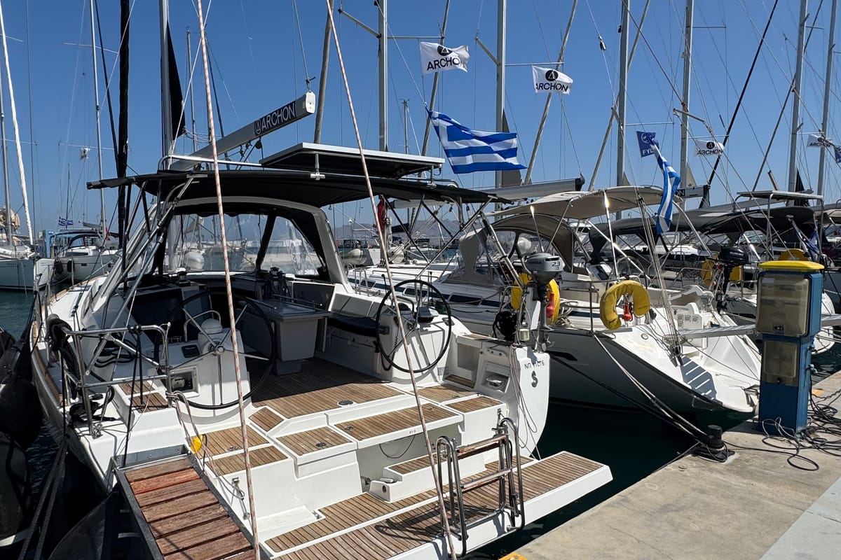 Cockpit of Fata Morgana, a Beneteau Oceanis 41 sailboat at Kos, Greece
