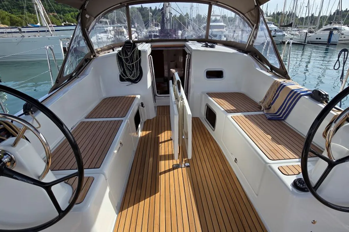 Cockpit of Princess Marija, a Jeanneau Sun Odyssey 380 sailboat at Grad Pula, Croatia