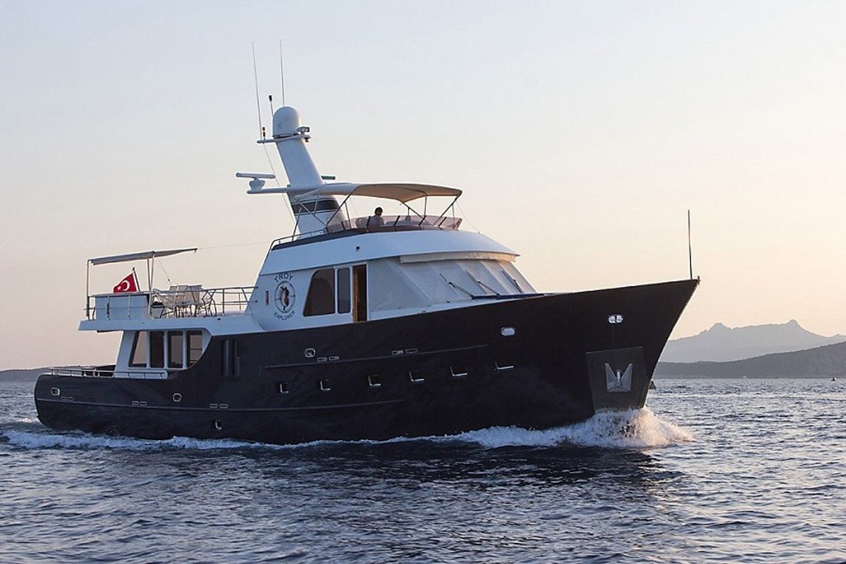 Exterior view of Troy Explorer, a Chung Hwa Boat Building Co. Ltd Trawler 77 yacht at Bodrum, Turkey