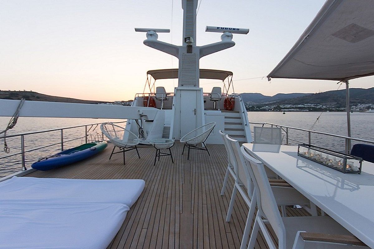 Deck of Troy Explorer, a Chung Hwa Boat Building Co. Ltd Trawler 77 yacht at Bodrum, Turkey
