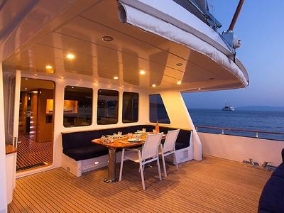 Deck of Troy Explorer, a Chung Hwa Boat Building Co. Ltd Trawler 77 yacht at Bodrum, Turkey