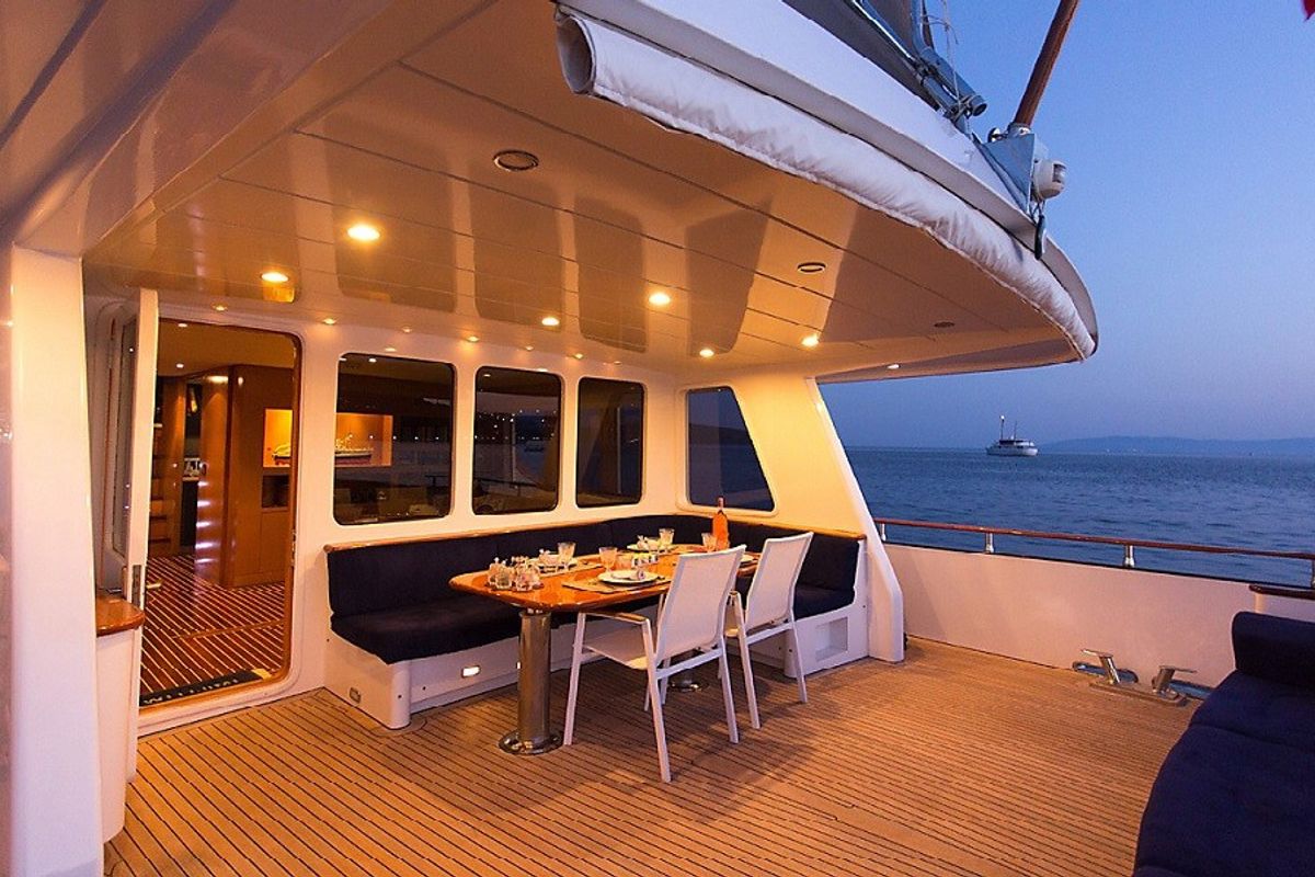 Deck of Troy Explorer, a Chung Hwa Boat Building Co. Ltd Trawler 77 yacht at Bodrum, Turkey