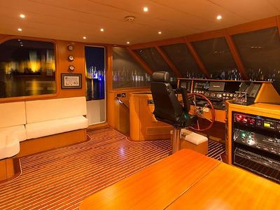 Cockpit of Troy Explorer, a Chung Hwa Boat Building Co. Ltd Trawler 77 yacht at Bodrum, Turkey