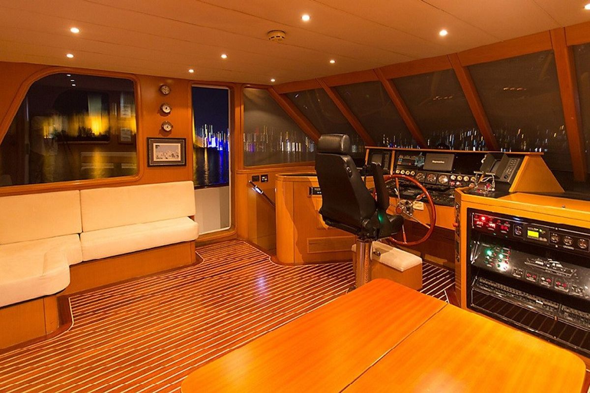 Cockpit of Troy Explorer, a Chung Hwa Boat Building Co. Ltd Trawler 77 yacht at Bodrum, Turkey