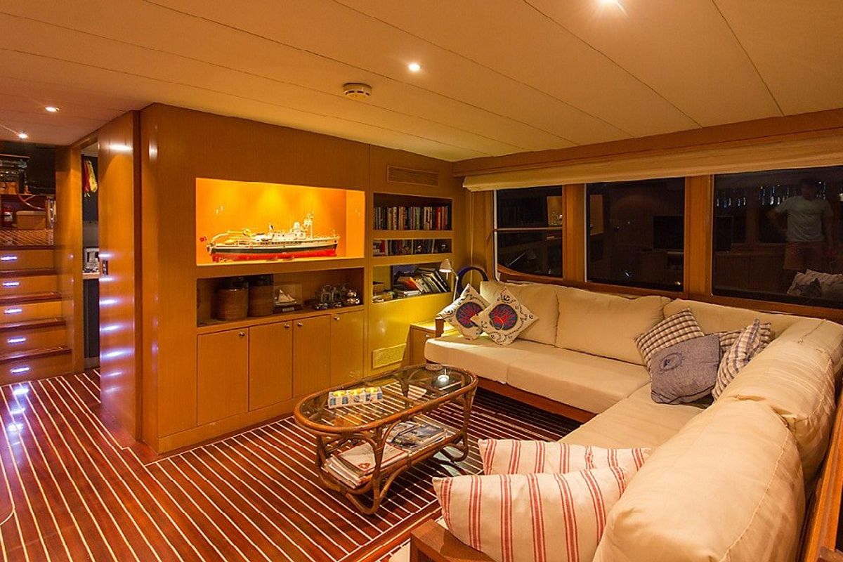 Salon of Troy Explorer, a Chung Hwa Boat Building Co. Ltd Trawler 77 yacht at Bodrum, Turkey