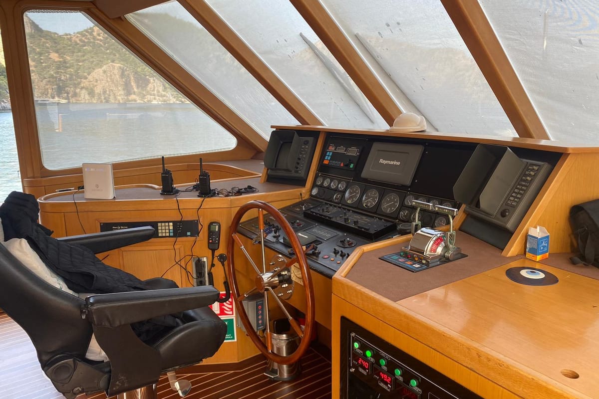 Deck of Troy Explorer, a Chung Hwa Boat Building Co. Ltd Trawler 77 yacht at Bodrum, Turkey