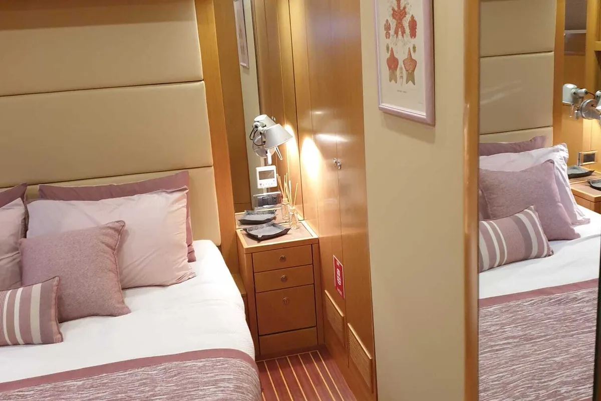 Cabin on Troy Explorer, a Chung Hwa Boat Building Co. Ltd Trawler 77 yacht at Bodrum, Turkey