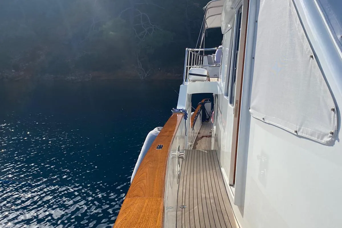 Salon of Troy Explorer, a Chung Hwa Boat Building Co. Ltd Trawler 77 yacht at Bodrum, Turkey