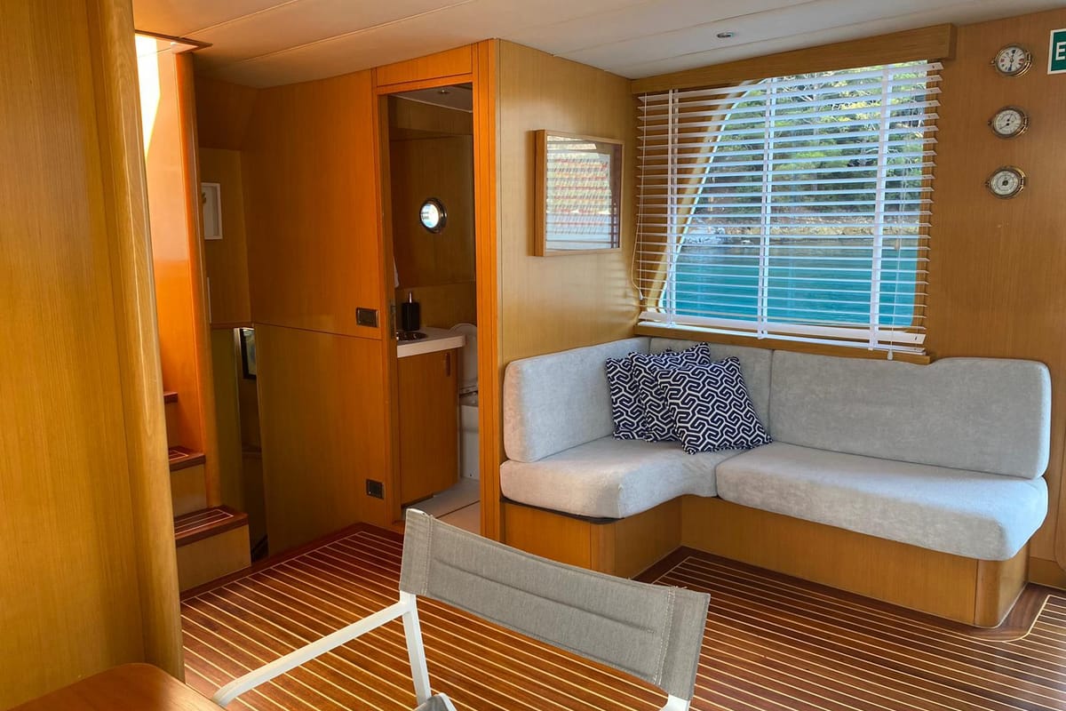Cockpit of Troy Explorer, a Chung Hwa Boat Building Co. Ltd Trawler 77 yacht at Bodrum, Turkey