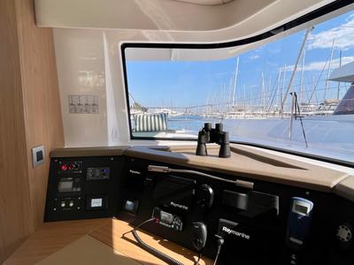 Cockpit of Romar VI, a Bali 4.6 catamaran at Athens, Greece