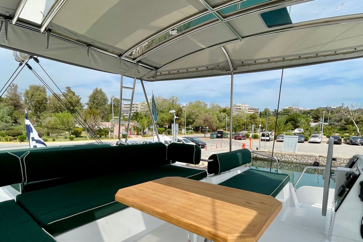 Deck of Romar VI, a Bali 4.6 catamaran at Athens, Greece