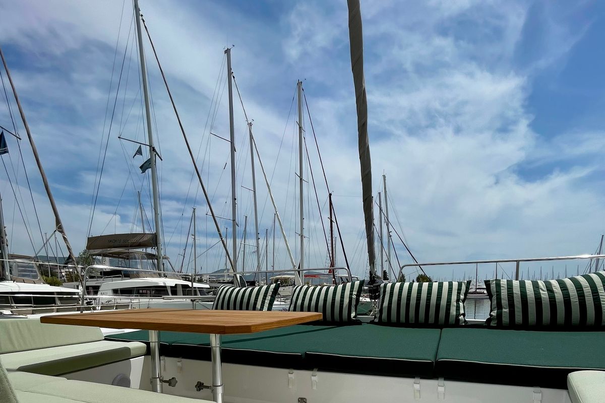 Deck of Romar VI, a Bali 4.6 catamaran at Athens, Greece