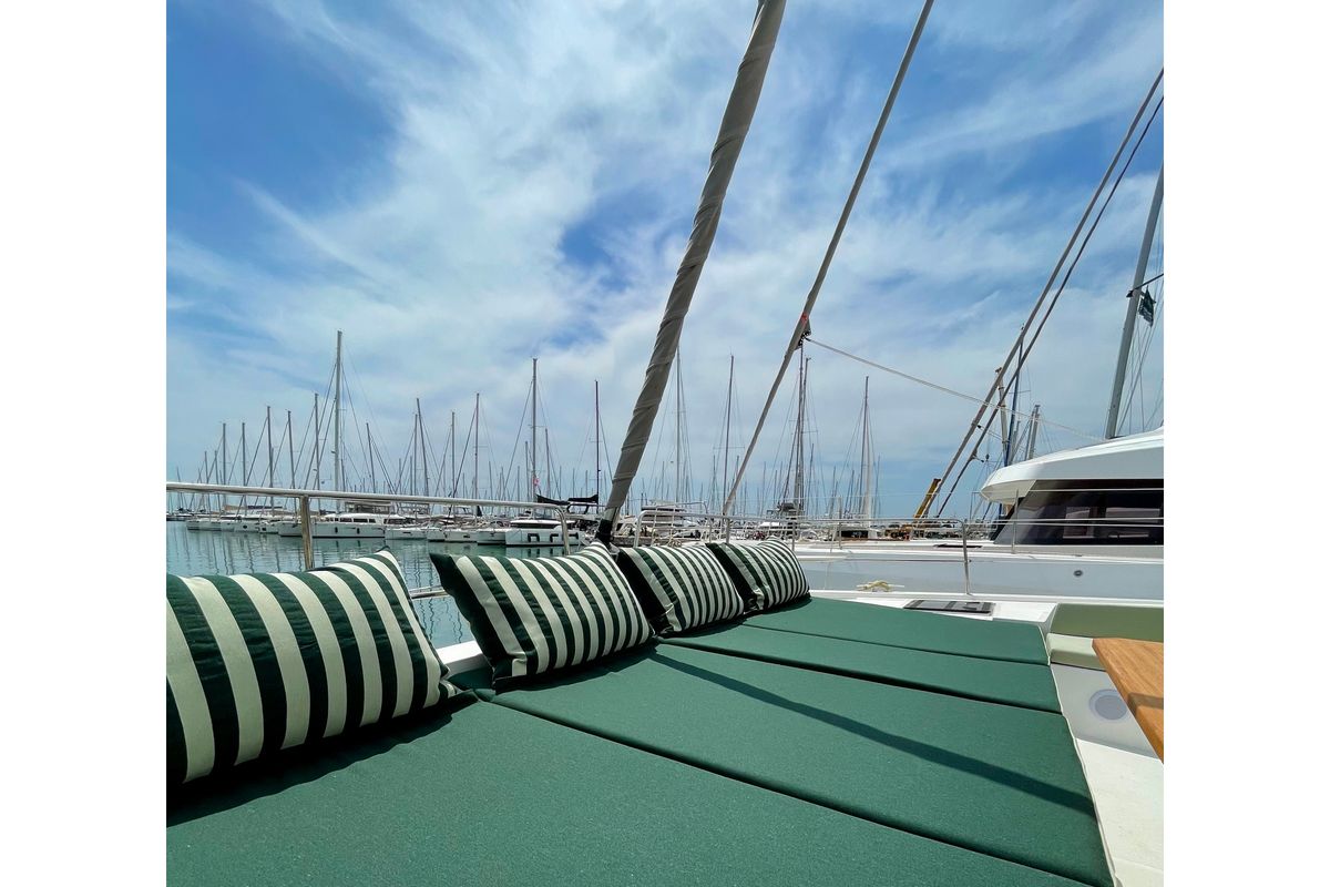 Deck of Romar VI, a Bali 4.6 catamaran at Athens, Greece