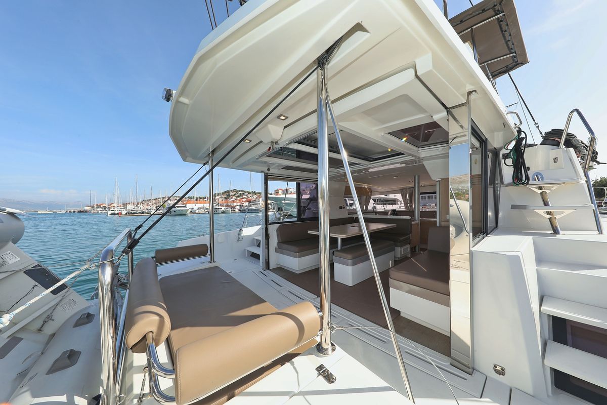 Deck of Escape I, a Bali 4.1 catamaran at Grad Trogir, Croatia