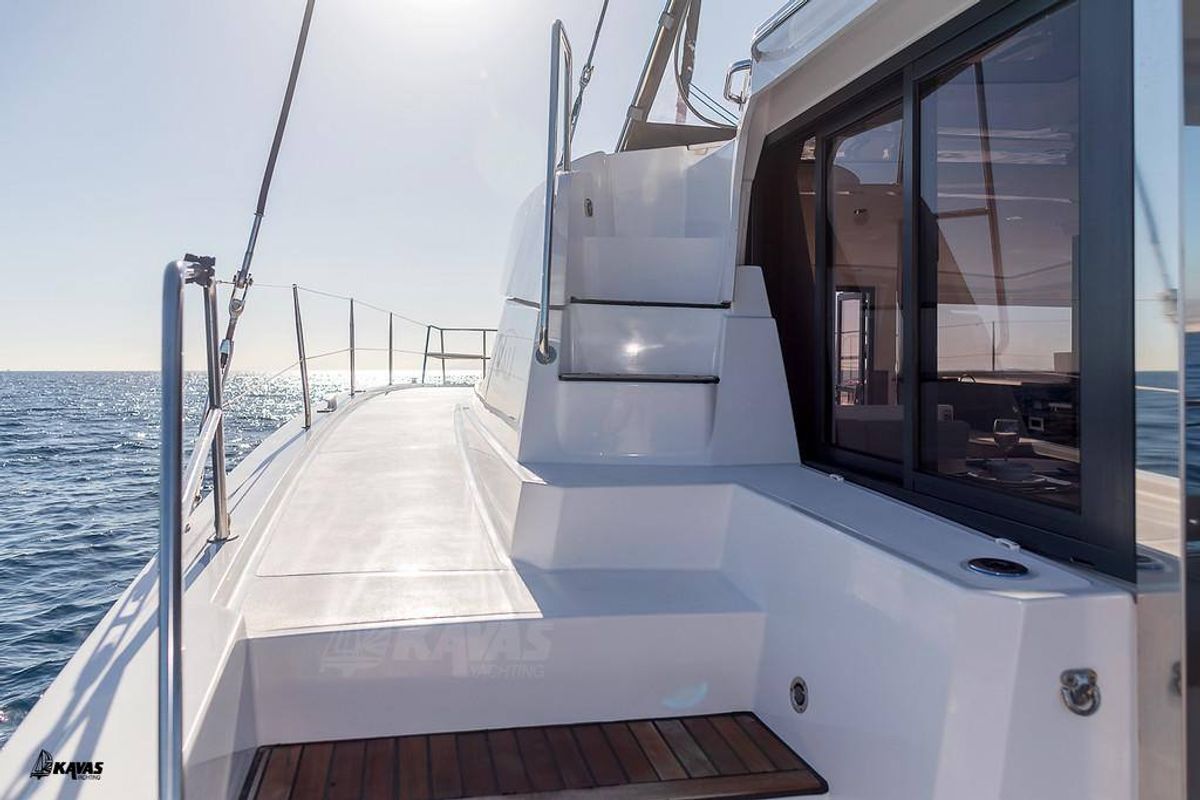 Deck of Kos 42.8, a Bali 4.2 catamaran at Athens, Greece