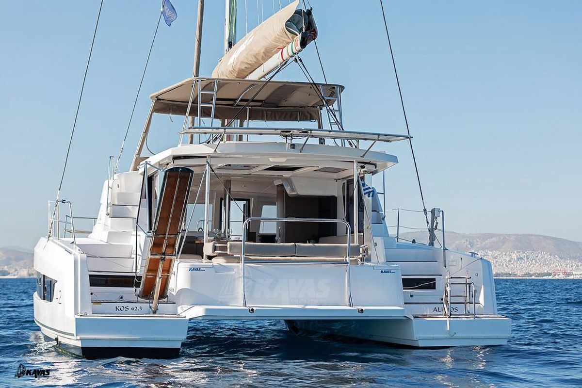 Exterior view of Kos 42.8, a Bali 4.2 catamaran at Athens, Greece