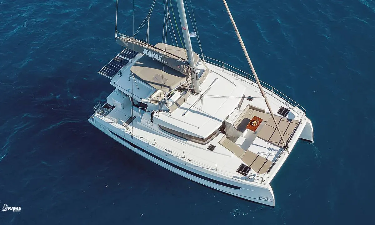Exterior view of Kos 42.8, a Bali 4.2 catamaran at Athens, Greece