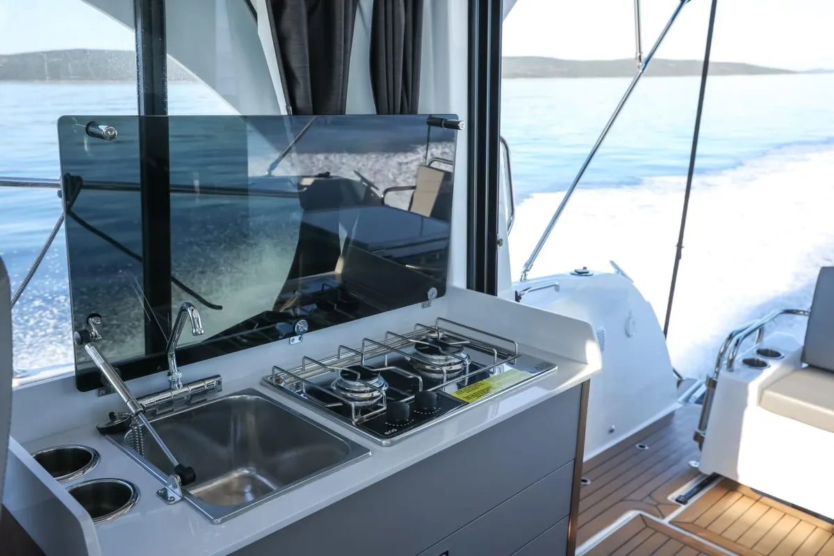 Galley of M & N, a Beneteau Antares 9 OB motorboat at Zadar, Croatia