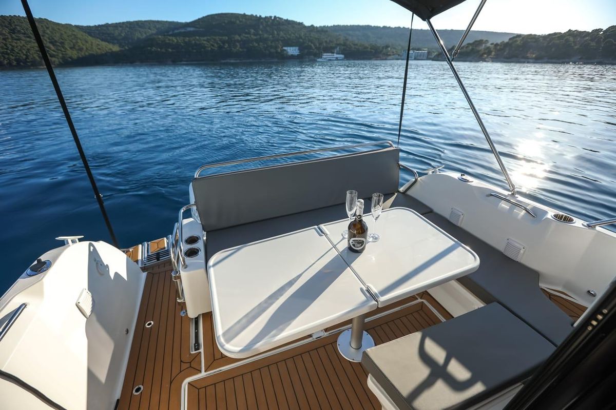 Deck of M & N, a Beneteau Antares 9 OB motorboat at Zadar, Croatia