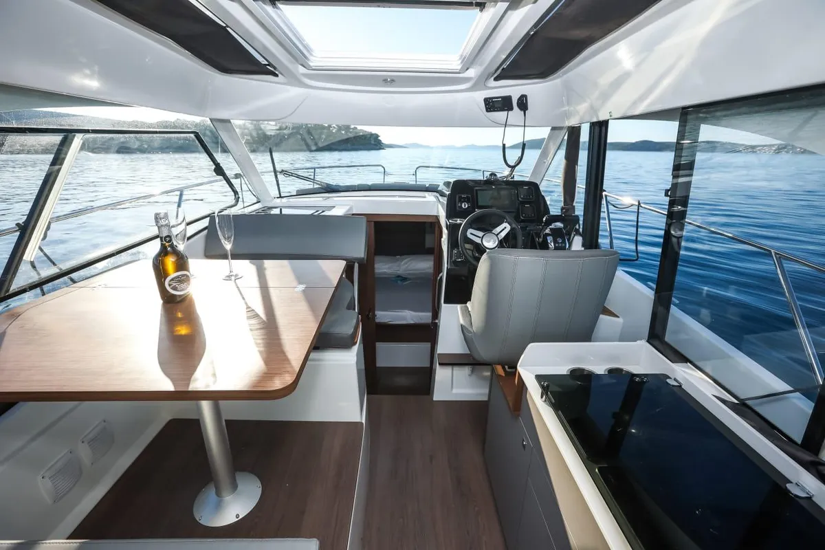 Cockpit of M & N, a Beneteau Antares 9 OB motorboat at Zadar, Croatia