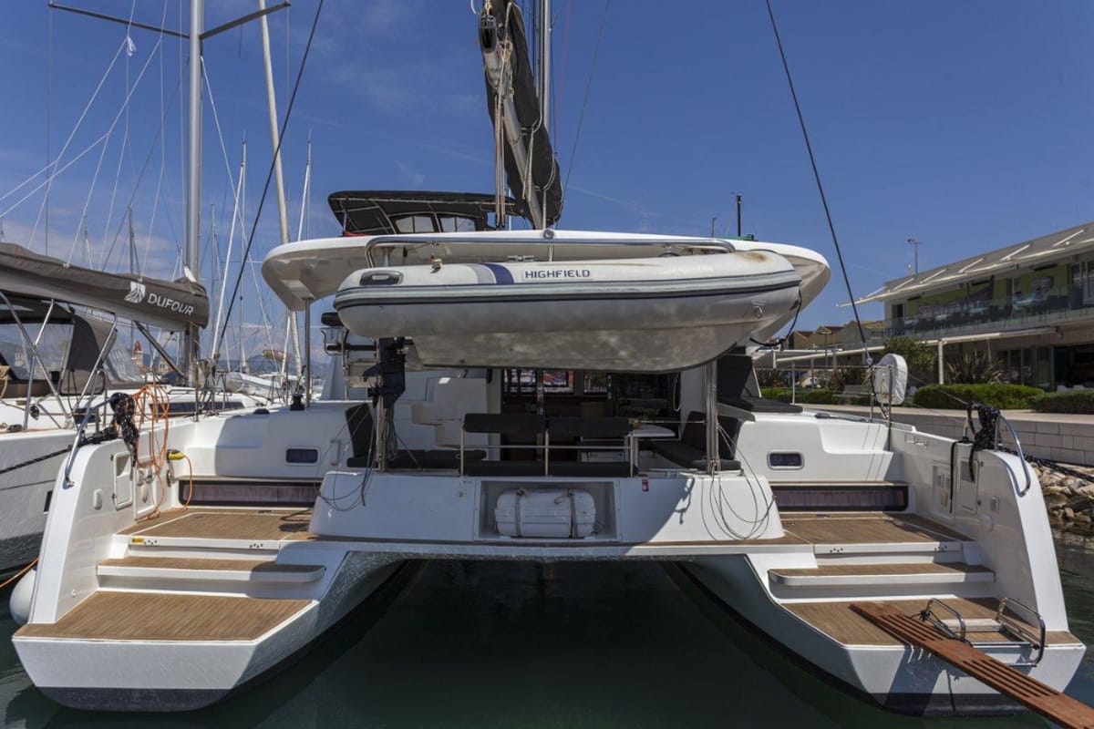 Exterior view of Orlan, a Lagoon 42 catamaran at Grad Šibenik, Croatia