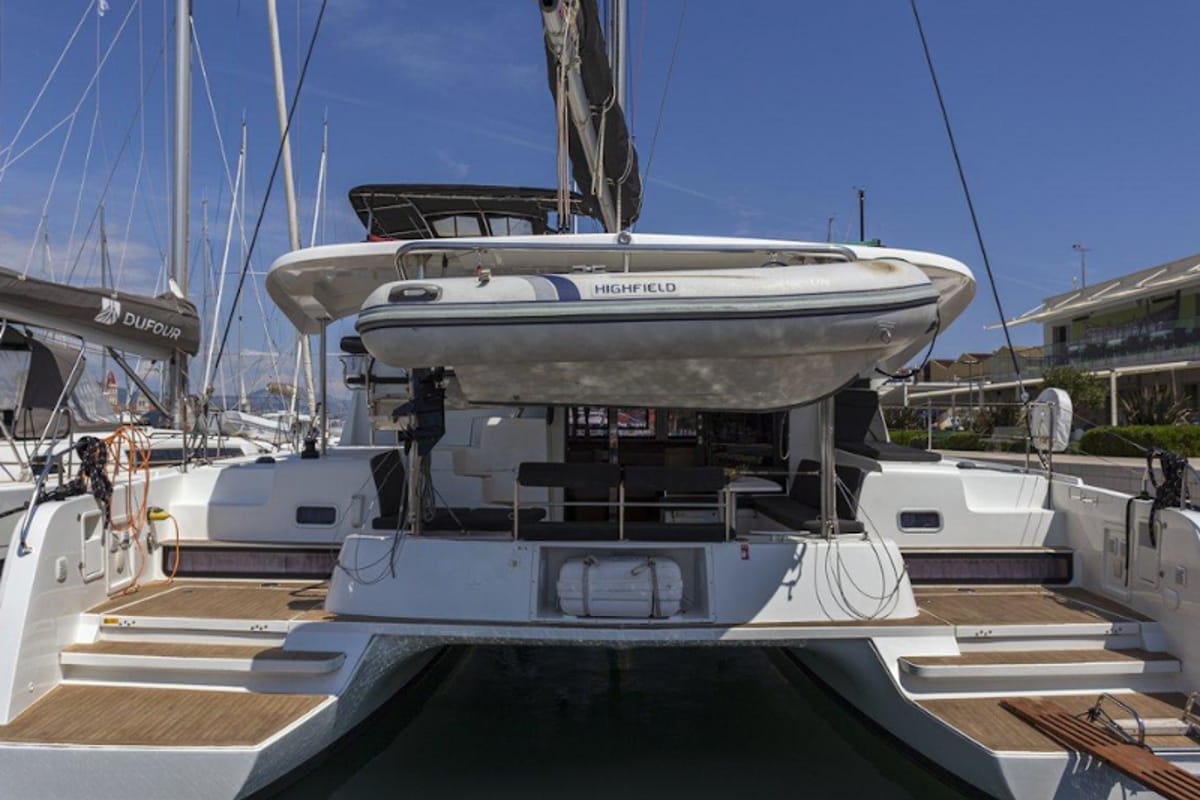 Exterior view of Orlan, a Lagoon 42 catamaran at Grad Šibenik, Croatia