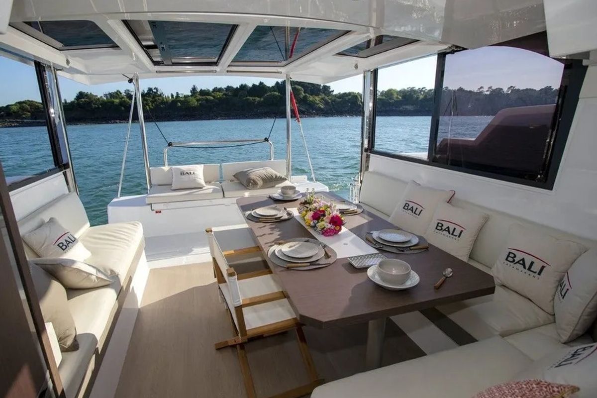 Deck of Wow, a Bali Catspace catamaran at Capo d'Orlando, Italy